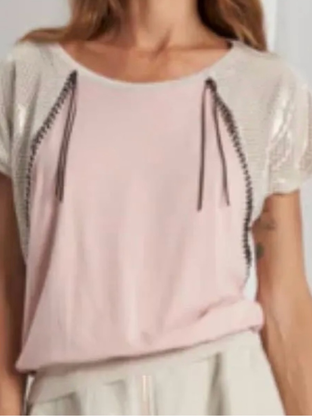 TRICOT CHIC Women’s Pale Pink Short Sleeve Mixed-Media Top